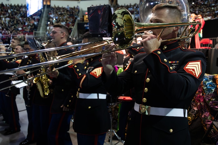U.S. Marines assigned to Marine Band San Diego perform during the 48th annual Chicano/Latino Commencement Celebration at California State University, Fresno, Calif., May 18, 2024. Chicanos and Latinos make up 58-percent of graduating students in the CSU system, many of them being first-generation students. (U.S. Marine Corps photo by Cpl. Bruin Largent)