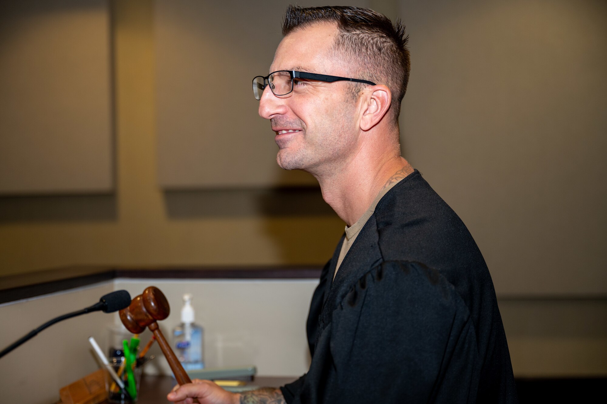 U.S. Air Force Chief Master Sgt. Paul Hammer, 4th Fighter Wing command chief, acts as a judge during a mock trial at Seymour Johnson Air Force Base, North Carolina, May 2, 2024. The interactive trial followed a fictional case of stolen candy in which the children acted as the jury. (U.S. Air Force Photo by Airman Rebecca Tierney)