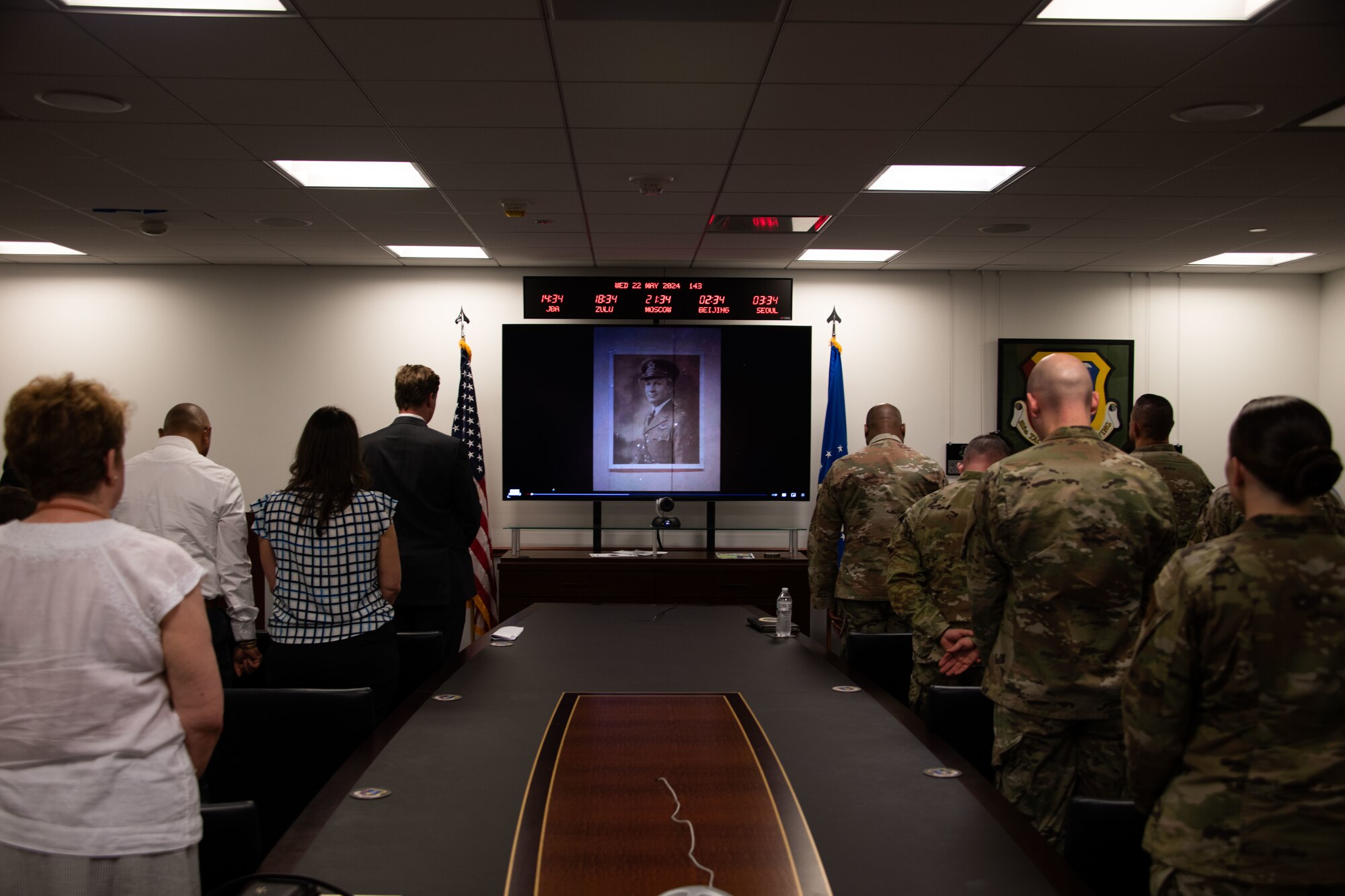 U.S. Air Force service members and family members of U.S. Army Lt. Gen. Frank M. Andrews attend an event to honor his legacy at Joint Base Andrews, Md., May 23, 2024.