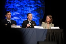 Young professionals from Strategic Systems Programs (SSP) gave voice to perspectives from the newest members of the nuclear enterprise during the Strategic Deterrent Coalition Symposium NextGen Nuclear Enterprise Professions DOD Perspective Panel May 9. Lt. Cmdr. Kaitlyn Bower (left), SSP deputy branch head for Reentry Systems, and Delaney Burlingame (right), SSP New Employee Onboarding Workshop program manager, reflected on their unique career pathways; called for senior leaders within the nuclear enterprise to increase mentoring of new professionals; and advocated for the U.S. strategic deterrent across DOD and industry.