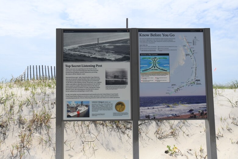 The sign located at the entrance to the Buxton Beach access closest to the former Buxton Naval Facility Formerly Used Defense Sites property in Dare County North Carolina. The U.S. Army Corps of Engineers, Savannah District, awarded a contract to remove a pipe thought to be the potential source that could have resulted in the odors, sheen, and contaminated organic material reported to the U.S. Army Corps of Engineers by the National Park Service. The contractors completed the pipe removal work at the site was completed Friday, May 17, 2024, but results from soil sampling, which will identify the next steps, are still pending. The work included removing 70-80 feet of pipe, soil sampling and removing liquids that had been trapped within the pipe and the surrounding soil.