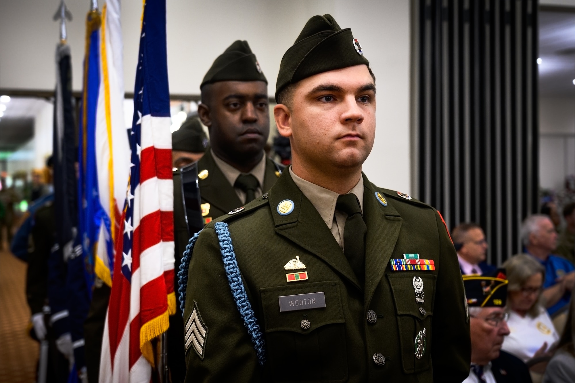 Color guard stands at attention during the Parade of Wreaths Ceremony at Joint Base McGuire-Dix-Lakehurst, N.J., May 23, 2024. The event honors service members and police personnel who have given their lives in the line of duty. (U.S. Air Force photo by Senior Airman Matt Porter)