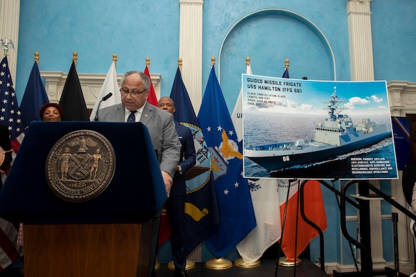 Secretary of the Navy Carlos Del Toro announces the name of the Navy's newest Constellation-Class Guided-Missile Frigate, the future USS Hamilton (FFG 66), at New York City Mayor Eric Adam's Fleet Week New York welcome breakfast, May 23, 2024. The future USS Hamilton honors former Secretary of the Treasury and Founder of the U. S. Coast Guard Alexander Hamilton and the crews of previous Navy vessels to bear the name. Fleet Week New York is a time-honored sea service celebration that allows citizens of New York City and the surrounding tri-state region to witness today’s maritime capabilities first-hand. The 2024 celebration will host nearly 3,000 Sailors, Marines, and Coast Guardsmen.