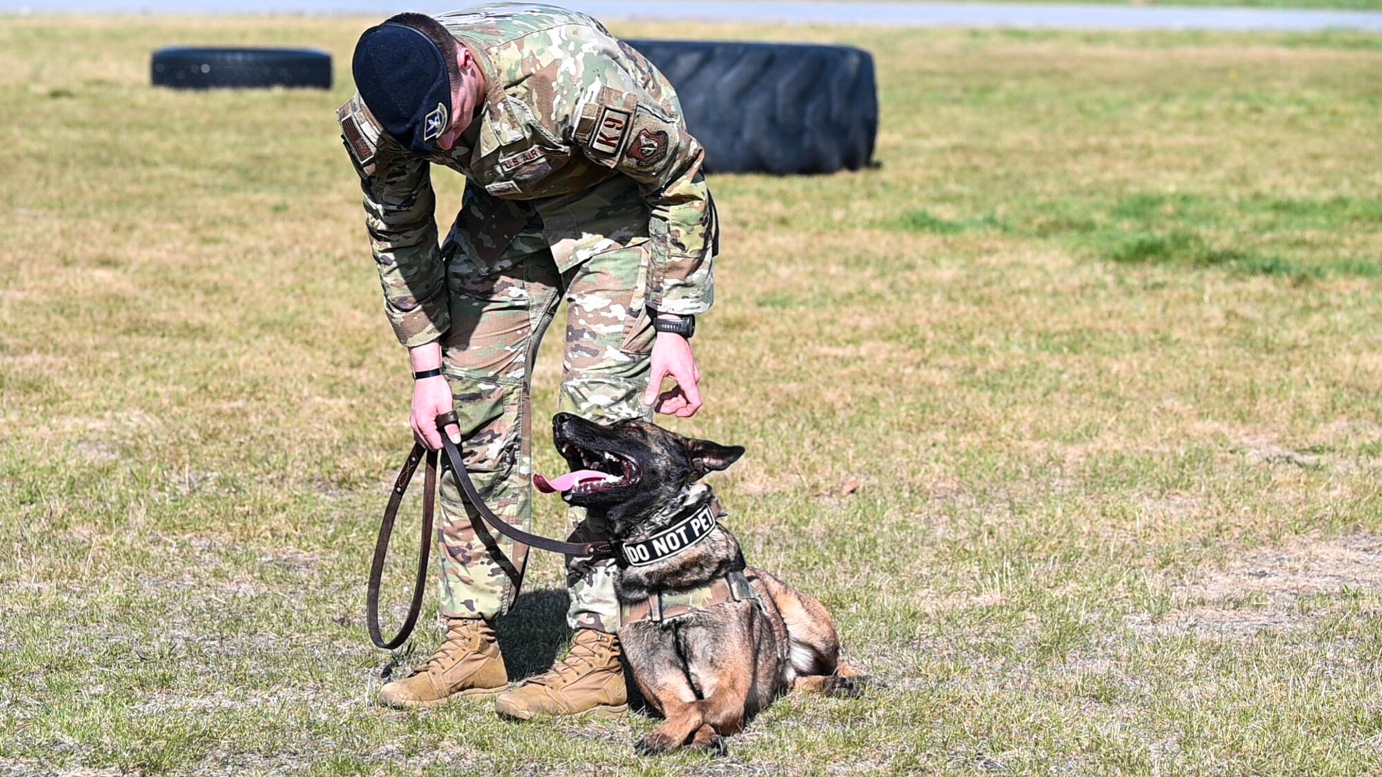 Airmen participate in a K-9 demonstration.