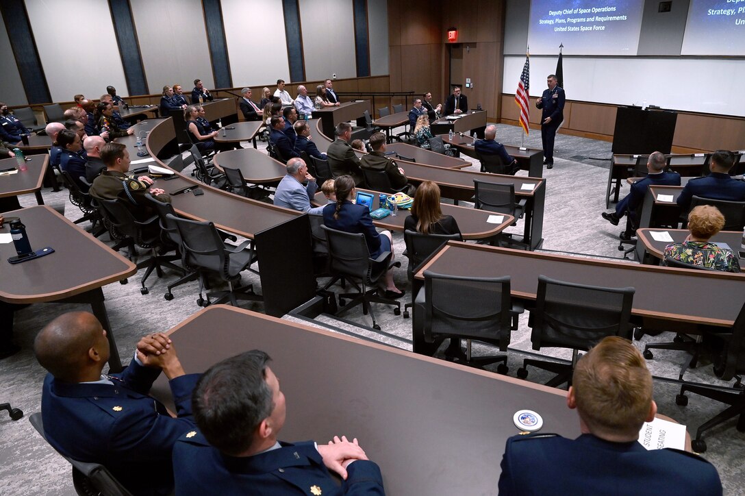 U.S. Space Force Lt. Gen. Shawn Bratton, Deputy Chief of Space Operations, Strategy, Plans, Programs and Requirements, provides remarks to officer PME graduates at Johns Hopkins University, in Washington D.C., May 21, 2024. The Space Force has minted its first-ever graduates of the service’s debut of independent officer Intermediate Level Education (ILE) and Senior Level Education (SLE) programs. These programs were specifically designed to deliver a graduate education to prepare mid-grade and senior uniformed and government civilian leaders for the evolving needs of the Space Force and Joint, Combined Force writ large, according to Johns Hopkins University. (U.S. Air Force photo by Chad Trujillo)