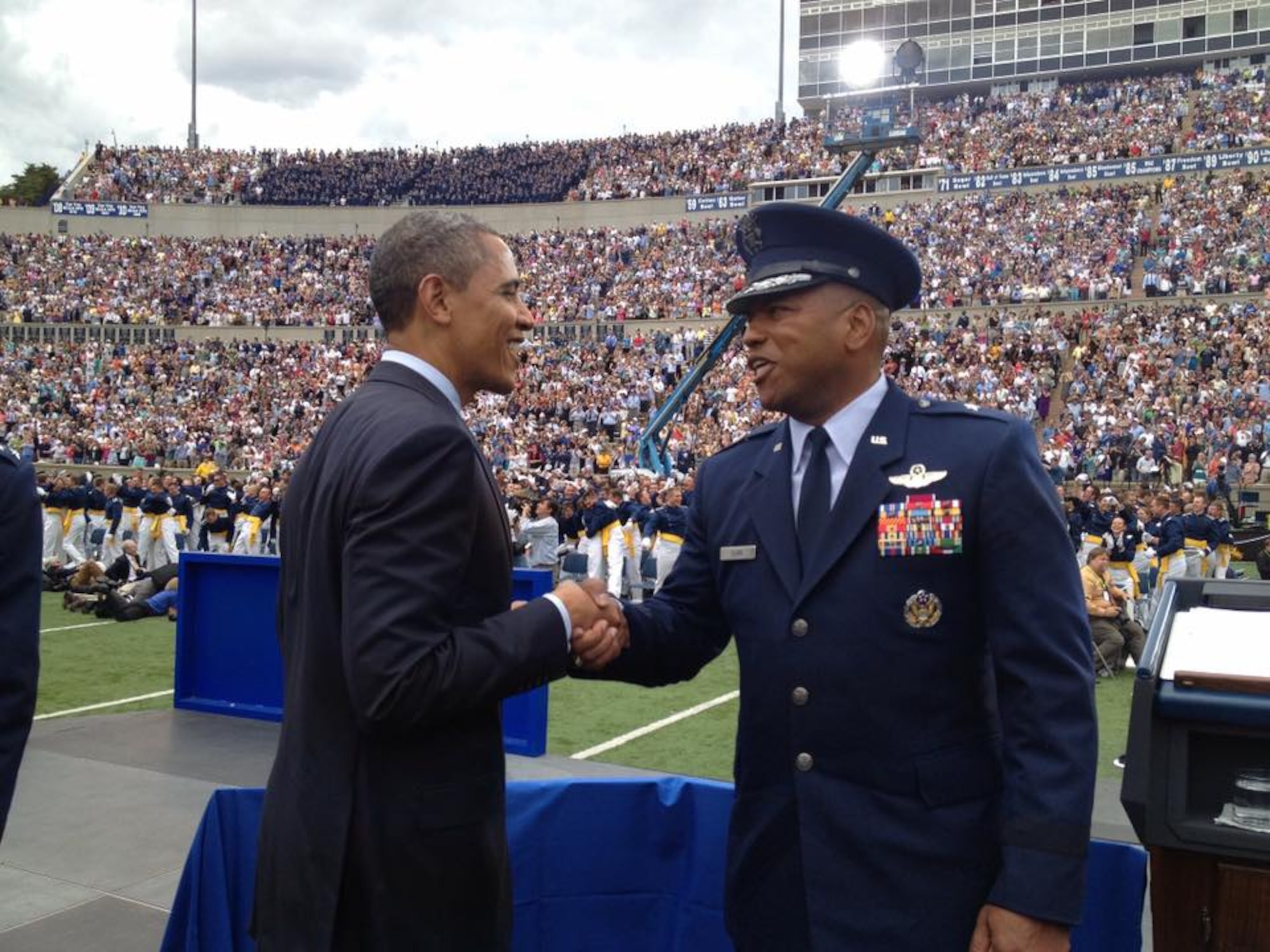 Then-Commandant of Cadets Brig. Gen. Richard Clark greets President Barack Obama