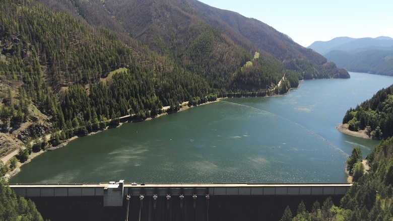 Looking upstream at the Detroit Dam reservoir.