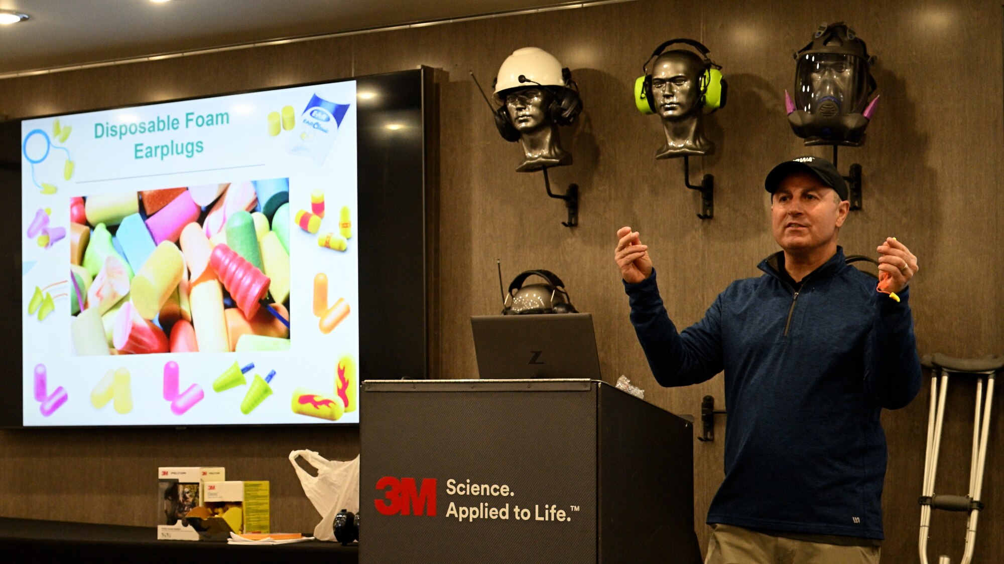 Ken Hartman, 3M Company, speaks about hearing protection during a Safety Fest event at Hill Air Force Base, Utah, May 23, 2024. The event provided attendees an opportunity to learn about safety with live demonstrations, training and product exhibitions from more than 40 safety-related vendors. (U.S. Air Force photo by R. Nial Bradshaw)
