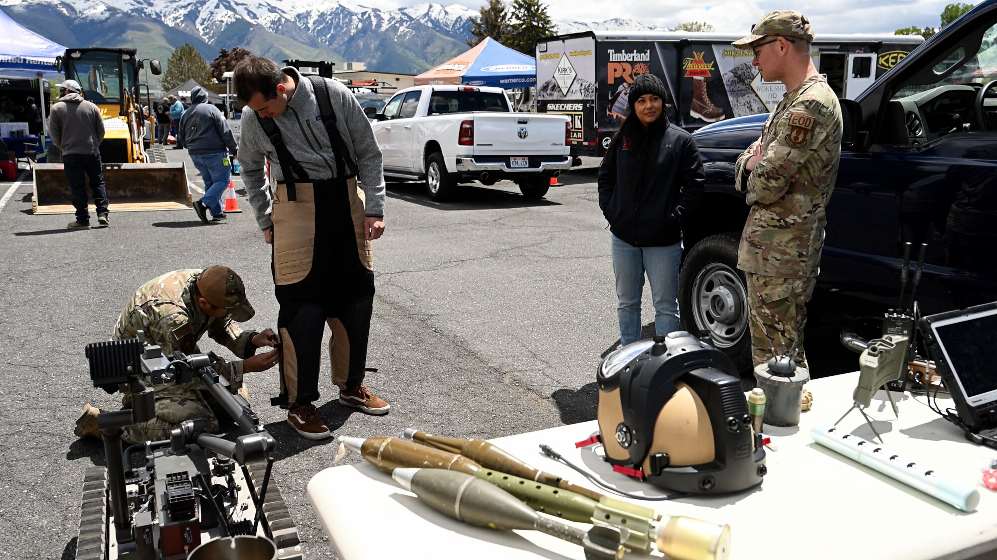 Staff Sgt. Dalton Sawyer, 775th Explosive Ordnance Disposal Flight, speaks with attendees of the first Safety Fest event at Hill Air Force Base, Utah, May 23, 2024. The event provided attendees an opportunity to learn about safety with live demonstrations, training and product exhibitions from more than 40 safety-related vendors. (U.S. Air Force photo by R. Nial Bradshaw)