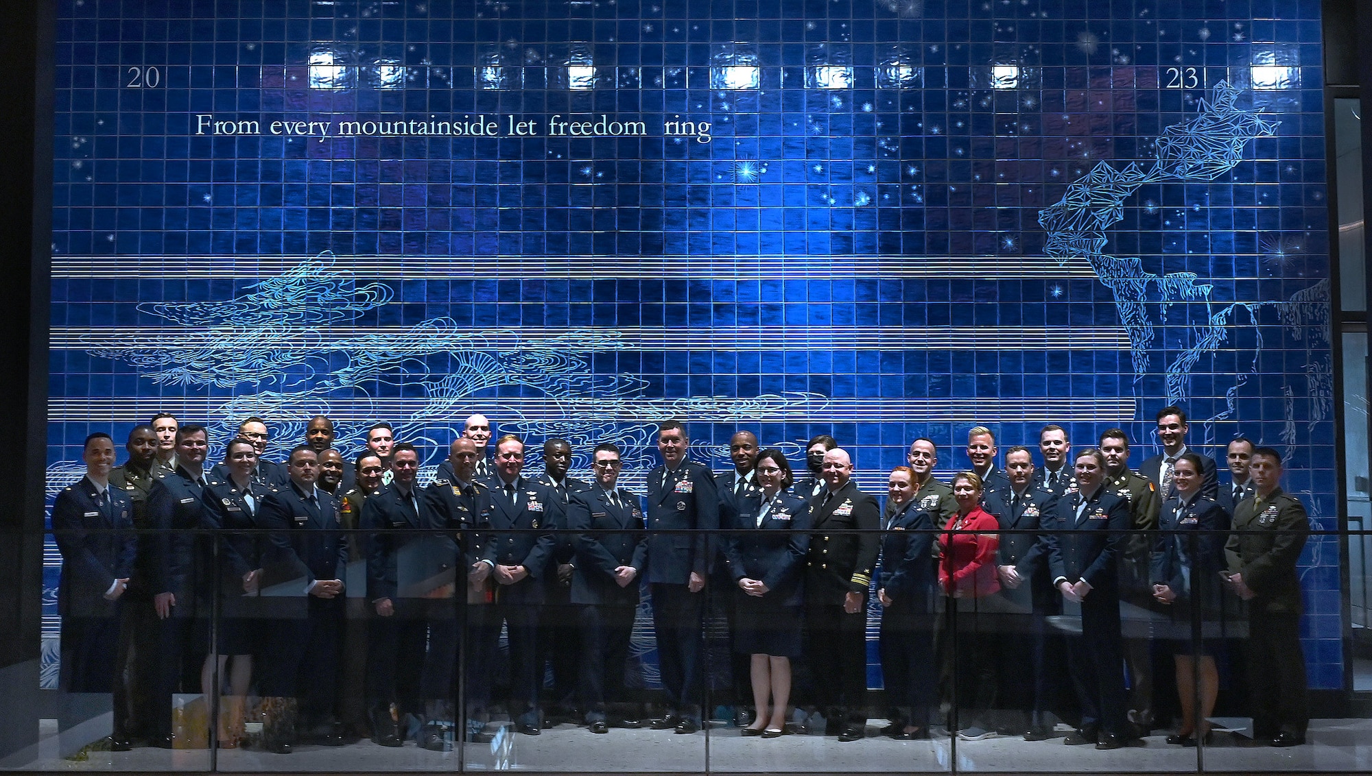 Space Force officer PME graduates pose for a group photo at Johns Hopkins University, in Washington D.C., May 21, 2024. The Space Force has minted its first-ever graduates of the service’s debut of independent officer Intermediate Level Education (ILE) and Senior Level Education (SLE) programs. These programs were specifically designed to deliver a graduate education to prepare mid-grade and senior uniformed and government civilian leaders for the evolving needs of the Space Force and Joint, Combined Force writ large, according to Johns Hopkins University. (U.S. Air Force photo by Chad Trujillo)