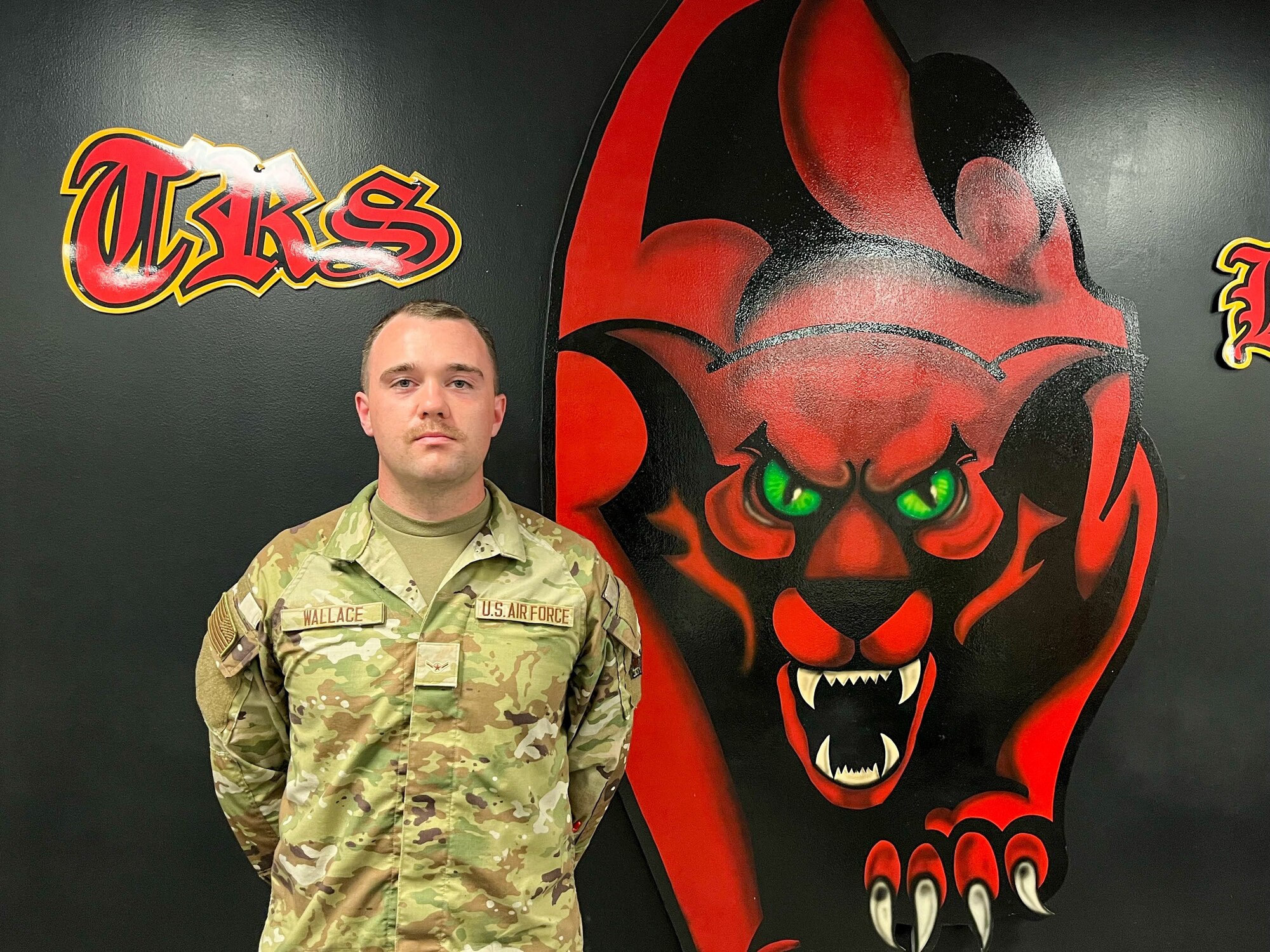 An Airman stands in front of a mural.