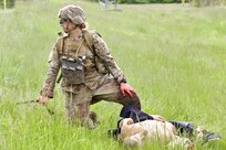 Soldiers attending the combat medic military occupational specialty transition course at the 166th Regiment - Regional Training Institute conduct a mass casualty exercise May 17, 2024, at Fort Indiantown Gap's Combined Arms Collective Training Facility. (U.S. Army National Guard photo by Capt. Angela Clemons)