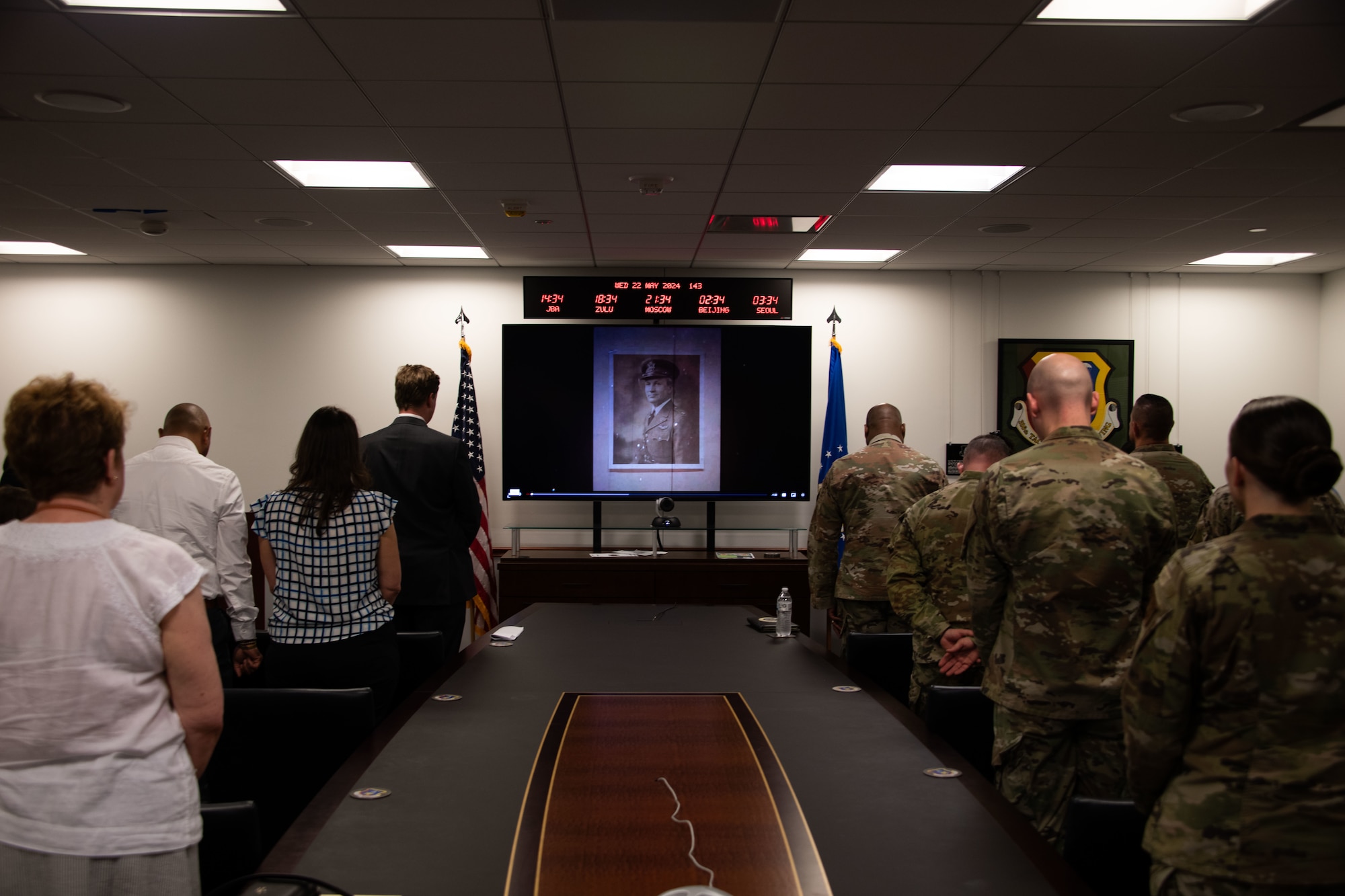 U.S. Air Force service members and family members of U.S. Army Lt. Gen. Frank M. Andrews attend an event to honor his legacy at Joint Base Andrews, Md., May 23, 2024.