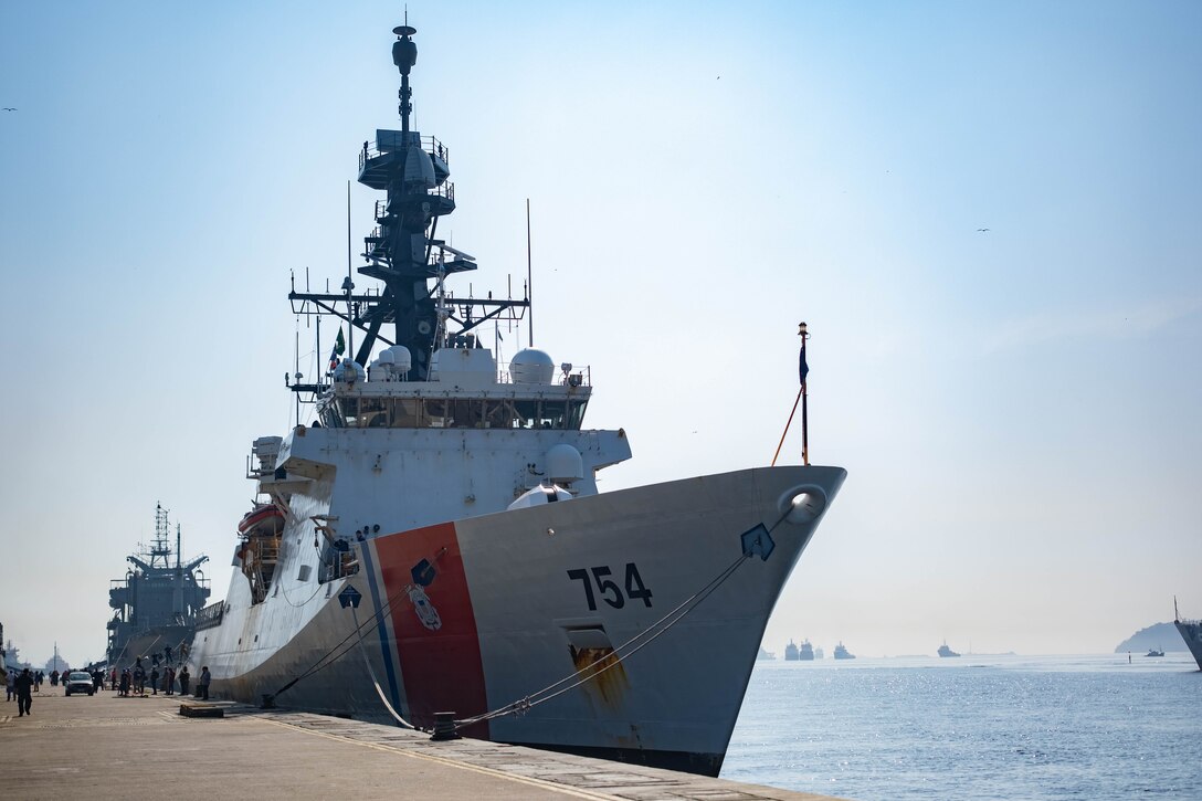 The U.S. Coast Guard Cutter James (WMSL 754) moors in Rio de Janeiro, Brazil, May 20, 2024. The James arrived in Rio de Janeiro for a scheduled port visit during Operation Southern Cross 2024. (U.S. Coast Guard photo by Petty Officer 3rd Class Logan Kaczmarek)