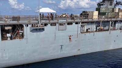 USS Harpers Ferry (LSD 49) swim call in the Sulu Sea.