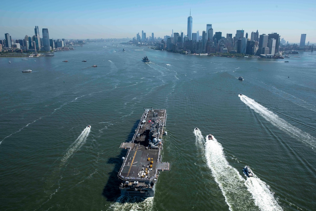 USS Bataan (LHD 5) transits New York Harbor during the Parade of Ships.