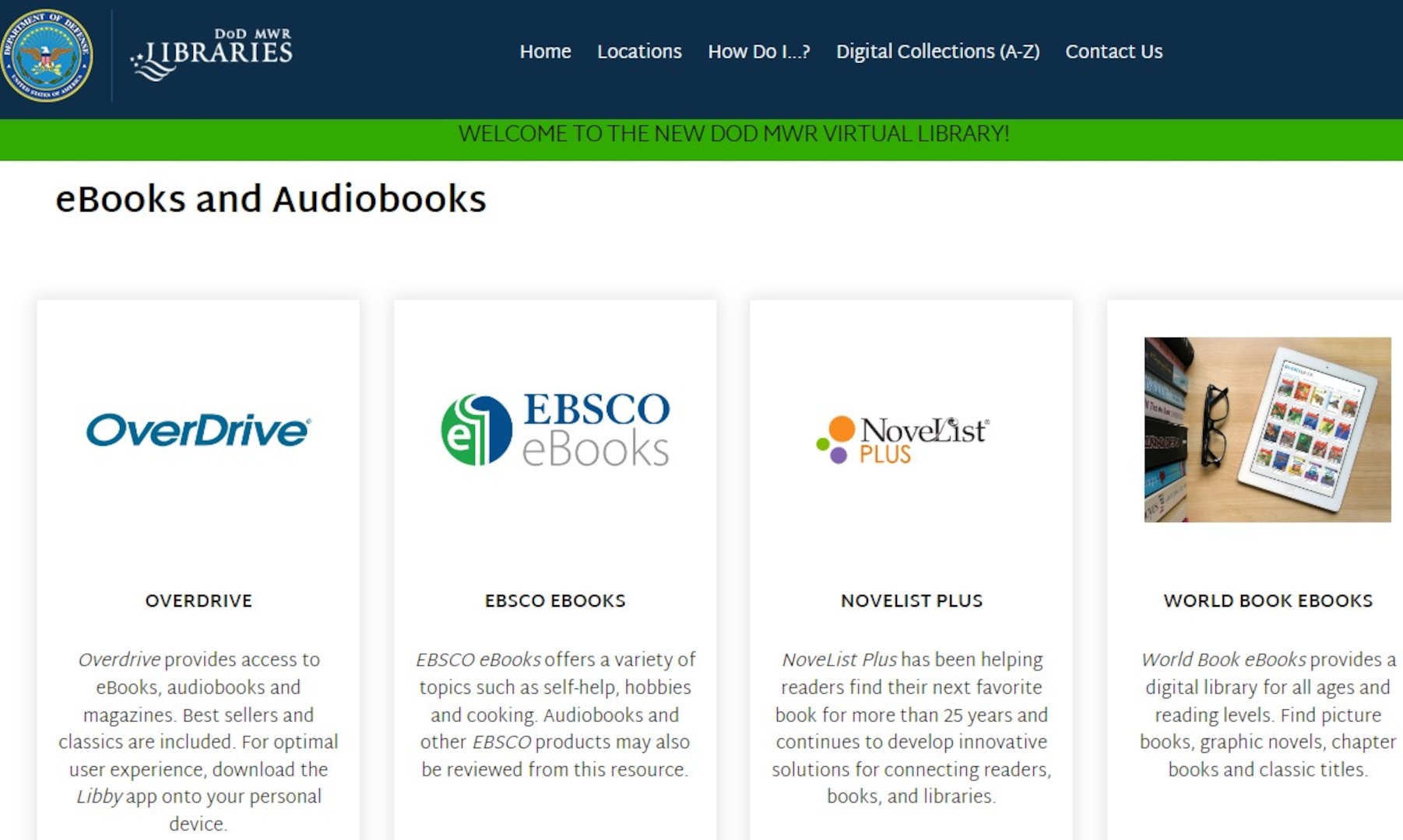 DOD MWR Library Website homepage screenshot