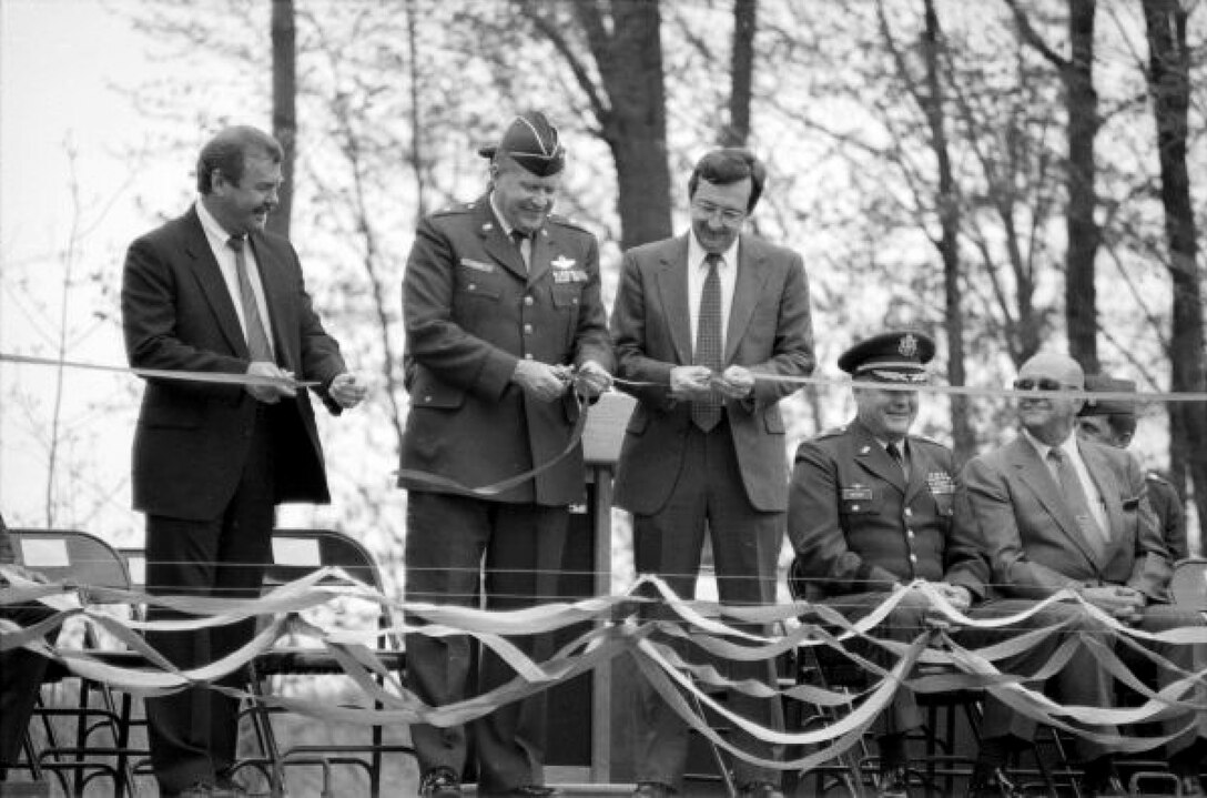 Wisconsin Adjutant General Jerald Slack cuts the ribbon to dedicate a new armory. With him (left) are Abbotsford Mayor, Duane Grube, and Congressman David R. Obey. Obey, as a member of the powerful House Appropriations Committee, was instrumental in securing the funds for the new facility even though they had been cut from the Administration's budget. The armory was to be the base for Abbotsford's Detachment 1, Company D, 724th Engineering Battalion. Wisconsin Historical Society image WHI-92292, used with persmission