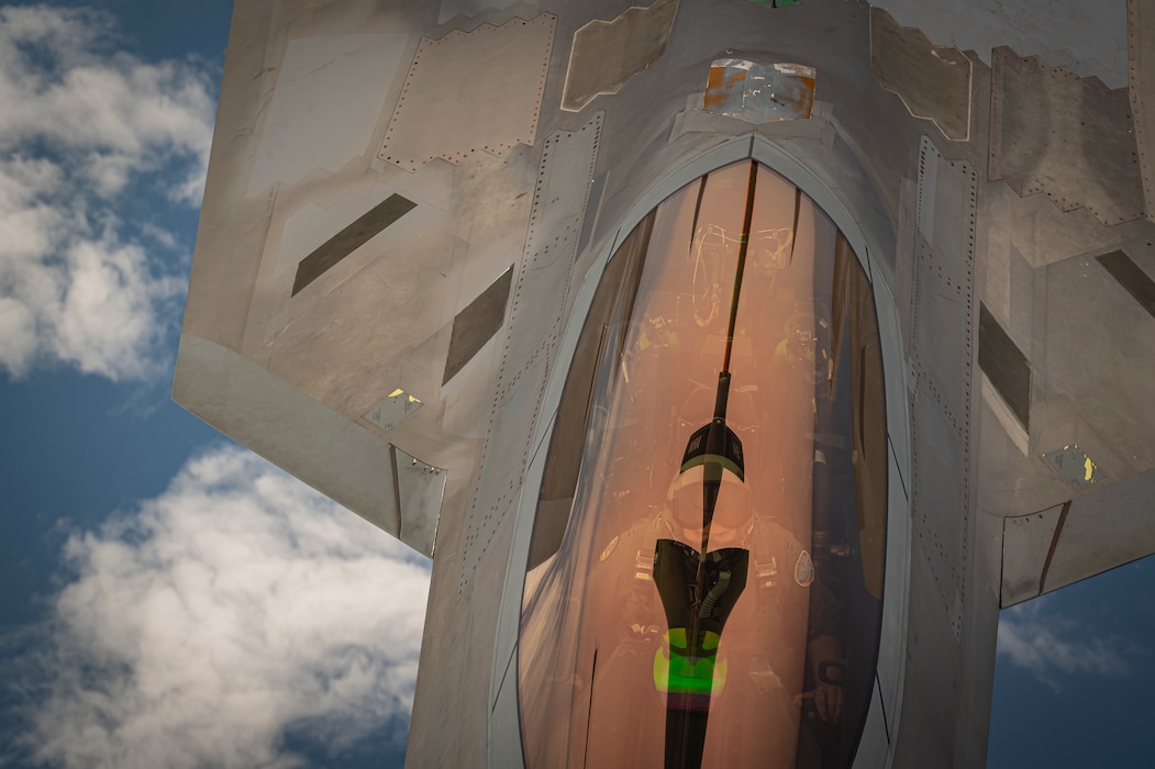 An F-22 Raptor receives fuel from an Air Force KC-135 Stratotanker