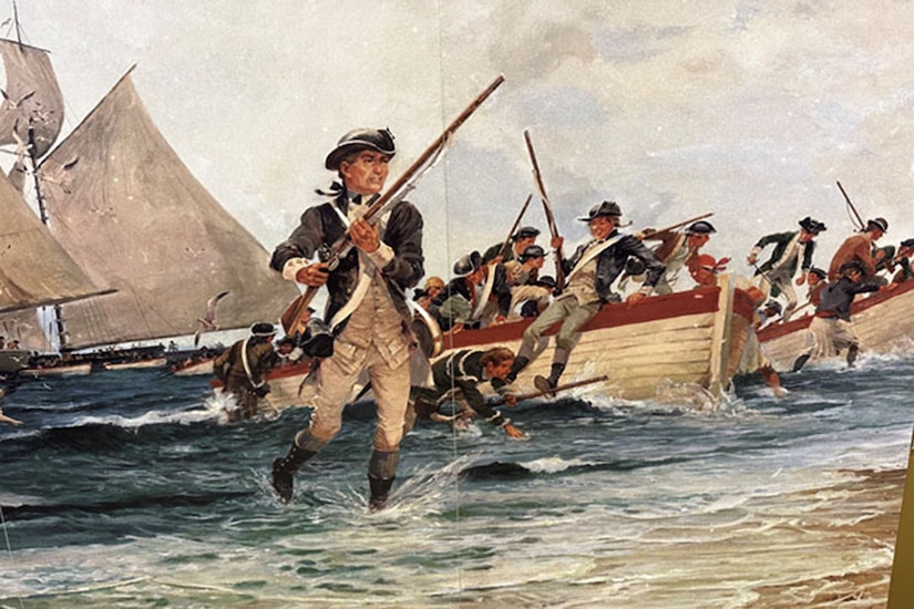 Painting of troops disembarking from small boats with weapons.