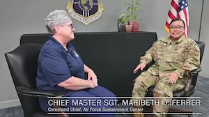 Chief Master Sergeant Beth Ferrer, command chief Air Force Sustainment Center, interviews Amy Tippit, awards program manager Air Force Sustainment Center.