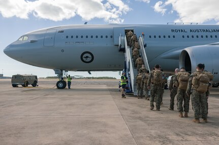 U.S. Marines and Sailors with Marine Rotational Force – Darwin 24.3 board a Royal Australian Air Force KC-30A Multi-Role Tanker Transport at Royal Australian Air Force Base Darwin, NT, Australia, May 23, 2024. Members of MRF-D 24.3 deployed to Townsville Field Training Area, QLD, Australia to participate in Exercise Southern Jackaroo 24, a multilateral combined arms exercise held with capabilities and personnel from the Australian Army, U.S. Army and Marine Corps, Papua New Guinea Defence Force, and the Japanese Ground Self-Defense Force to increase interoperability with Allies and partners. (U.S. Marine Corps photo by Cpl. Earik Barton)