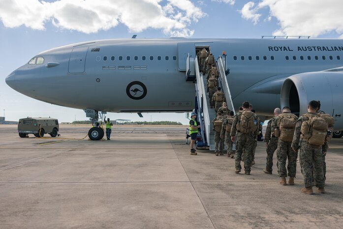 U.S. Marines and Sailors with Marine Rotational Force – Darwin 24.3 board a Royal Australian Air Force KC-30A Multi-Role Tanker Transport at Royal Australian Air Force Base Darwin, NT, Australia, May 23, 2024. Members of MRF-D 24.3 deployed to Townsville Field Training Area, QLD, Australia to participate in Exercise Southern Jackaroo 24, a multilateral combined arms exercise held with capabilities and personnel from the Australian Army, U.S. Army and Marine Corps, Papua New Guinea Defence Force, and the Japanese Ground Self-Defense Force to increase interoperability with Allies and partners. (U.S. Marine Corps photo by Cpl. Earik Barton)