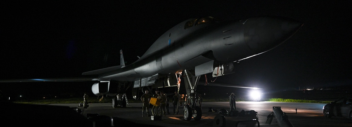 240523-F-JD534-1208 ANDERSEN AIR FORCE BASE, Guam (May 23, 2024) Aircrew from the 37th Expeditionary Bomb Squadron off-load a B-1B Lancer at Andersen Air Force Base, Guam, May 23, 2024, in support of a Bomber Task Force mission. BTF missions enable crews to maintain a high state of readiness and proficiency and validate our always-ready global strike capability. The U.S. routinely and visibly demonstrates commitment to our allies and partners through the global employment of our military forces. (U.S. Air Force photo by Airman 1st Class Dylan Maher)