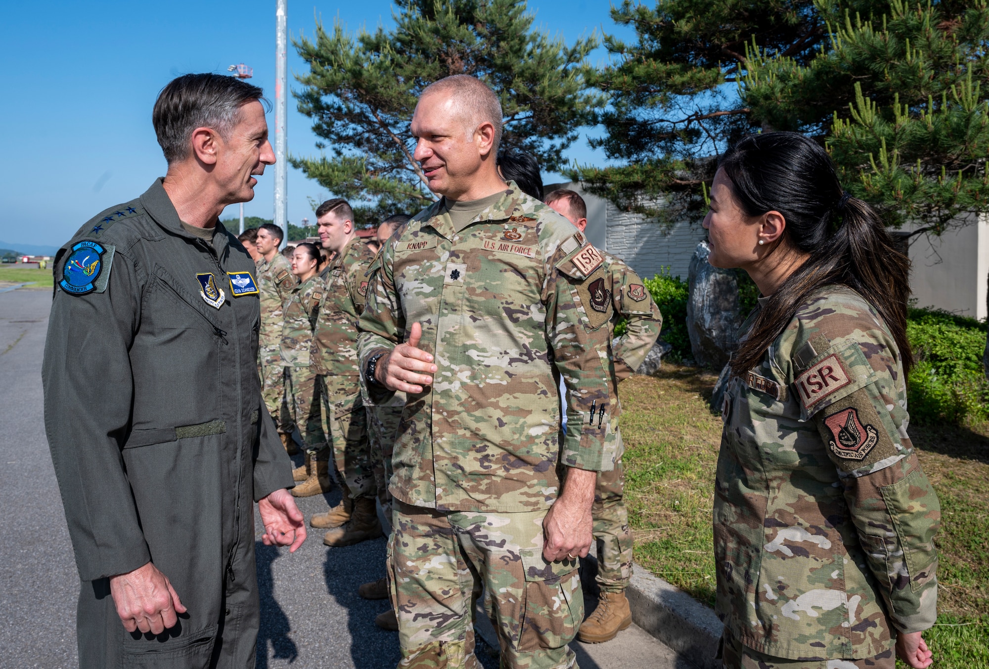 U.S. Air Force Gen. Kevin B. Schneider, Pacific Air Forces commander, speaks with Airmen during an immersion at Osan Air Base, Republic of Korea, May 23, 2024. The PACAF command team recognized high performing Airmen across the installation for their exceptional skill while executing the mission. (U.S. Air Force photo by Senior Airman Sabrina Fuller-Judd)