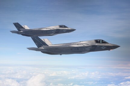 U.S. Marine Corps F-35B Lightning II aircraft with Marine Fighter Attack Squadron (VMFA) 214, Marine Aircraft Group 13, 3rd Marine Aircraft Wing conduct a transpacific flight from Camp Blaz, Guam, to Royal Australian Air Force Base Tindal, Australia, May 19, 2024.  VMFA-214 deployed more than 200 Marines and eight F-35B Lightning II aircraft from Marine Corps Air Station Yuma, Arizona, to RAAF Base Tindal, Australia, to conduct bilateral training with the RAAF No. 3 Squadron and No. 75 Squadron. As part of I Marine Expeditionary Force, 3rd MAW persistently trains in the Indo-Pacific, maintaining a forward presence and enduring commitment to our allies and partners in the region. (U.S. Marine Corps photo by Cpl. Nicholas Johnson)