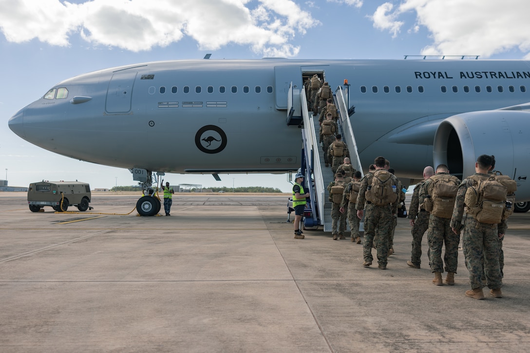 U.S. Marines and Sailors with Marine Rotational Force – Darwin 24.3 board a Royal Australian Air Force KC-30A Multi-Role Tanker Transport at Royal Australian Air Force Base Darwin, NT, Australia, May 23, 2024. Members of MRF-D 24.3 deployed to Townsville Field Training Area, QLD, Australia to participate in Exercise Southern Jackaroo 24, a multilateral combined arms exercise held with capabilities and personnel from the Australian Army, U.S. Army and Marine Corps, Papua New Guinea Defence Force, and the Japanese Ground Self-Defense Force to increase interoperability with Allies and partners. (U.S. Marine Corps photo by Cpl. Earik Barton)