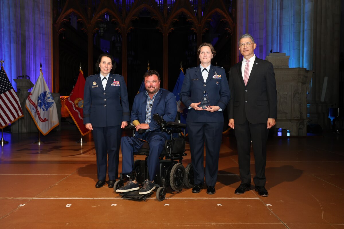 From left: Maj. Gen. Jeannine M. Ryder, commander of the Air Force Medical Agency and chief of the Air Force Nurse Corps; Sgt. 1st Class Ryan Davis, retired U.S. Army; Col. (Dr.) Valerie Sams, director, Center for Sustainment of Trauma Readiness, or C-STARS, Cincinnati at the University of Cincinnati Medical Center Division of Trauma Critical Care; and Dr. Joseph Carvalho, president and CEO of Henry M. Jackson Foundation for the Advancement of Military Medicine, stand together to honor Sams on behalf of C-STARS Cincinnati’s, May 9, 2024, in Washington, D.C., at the 2024 HJF Heroes of Military Medicine Award ceremony. The C-STARS program is part of the United States Air Force School of Aerospace Medicine, which falls under the Air Force’s 711th Human Performance Wing and the Air Force Research Laboratory. The C-STARS Cincinnati location at the University of Cincinnati Medical Center in Ohio serves as the platform for the critical care air transport-advanced training. (Courtesy photo / ImageLink Photography)