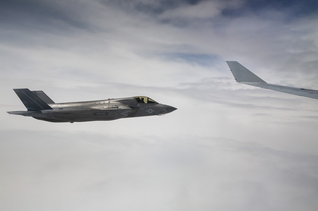 A U.S. Marine Corps F-35B Lightning II aircraft with Marine Fighter Attack Squadron (VMFA) 214, Marine Aircraft Group 13, 3rd Marine Aircraft Wing, flies alongside a KC-30A Multi-Role Tanker Transport aircraft with No. 33 Squadron, Royal Australian Air Force, during a transpacific flight from Camp Blaz, Guam, to Royal Australian Air Force Base Tindal, Australia, May 19, 2024.  VMFA-214 deployed more than 200 Marines and eight F-35B Lightning II aircraft from Marine Corps Air Station Yuma, Arizona, to RAAF Base Tindal, Australia, to conduct bilateral training with the RAAF No. 3 Squadron and No. 75 Squadron. As part of I Marine Expeditionary Force, 3rd MAW persistently trains in the Indo-Pacific, maintaining a forward presence and enduring commitment to our allies and partners in the region. (U.S. Marine Corps photo by Cpl. Nicholas Johnson)