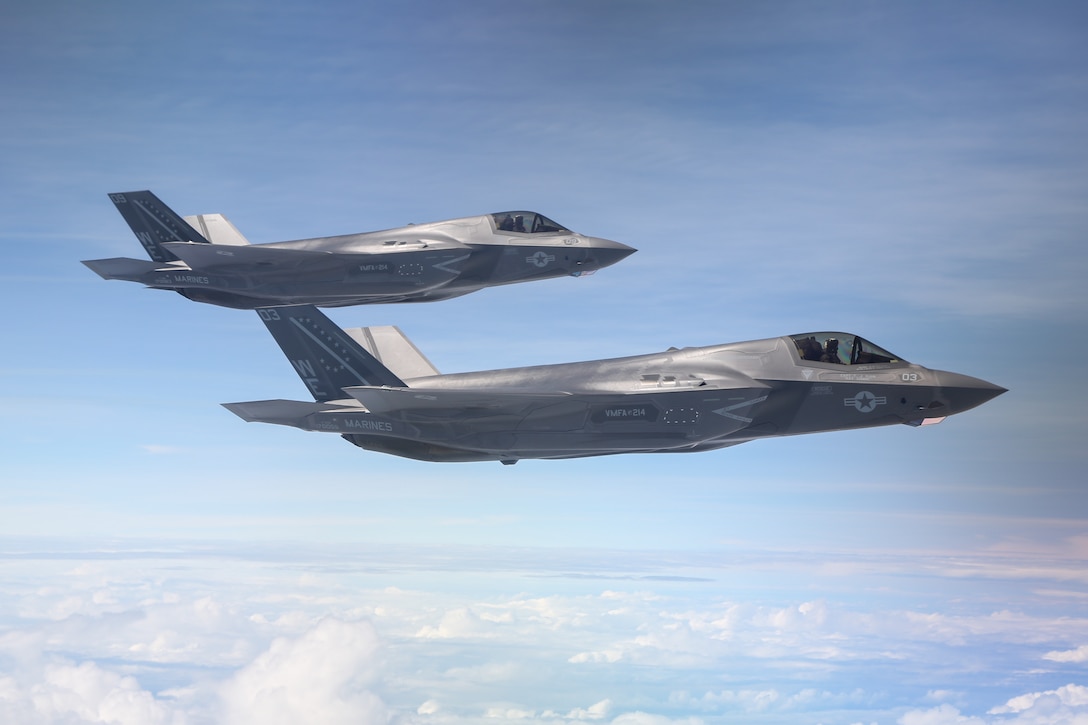 U.S. Marine Corps F-35B Lightning II aircraft with Marine Fighter Attack Squadron (VMFA) 214, Marine Aircraft Group 13, 3rd Marine Aircraft Wing conduct a transpacific flight from Camp Blaz, Guam, to Royal Australian Air Force Base Tindal, Australia, May 19, 2024.  VMFA-214 deployed more than 200 Marines and eight F-35B Lightning II aircraft from Marine Corps Air Station Yuma, Arizona, to RAAF Base Tindal, Australia, to conduct bilateral training with the RAAF No. 3 Squadron and No. 75 Squadron. As part of I Marine Expeditionary Force, 3rd MAW persistently trains in the Indo-Pacific, maintaining a forward presence and enduring commitment to our allies and partners in the region. (U.S. Marine Corps photo by Cpl. Nicholas Johnson)