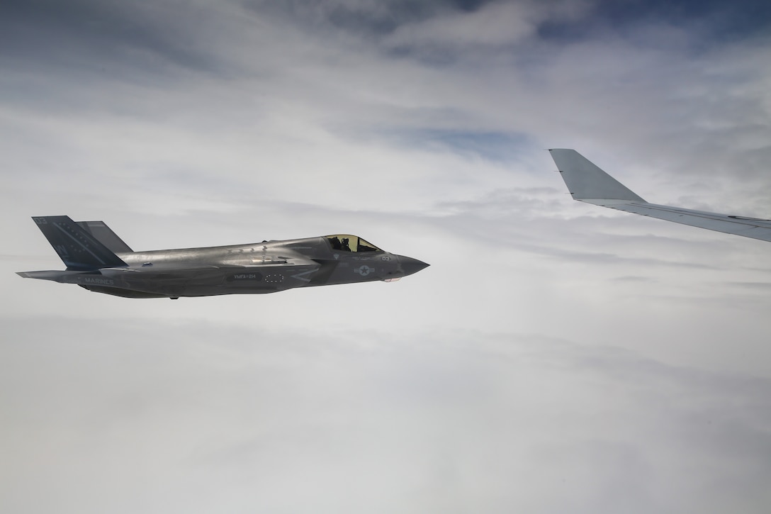 A U.S. Marine Corps F-35B Lightning II aircraft with Marine Fighter Attack Squadron (VMFA) 214, Marine Aircraft Group 13, 3rd Marine Aircraft Wing, flies alongside a KC-30A Multi-Role Tanker Transport aircraft with No. 33 Squadron, Royal Australian Air Force, during a transpacific flight from Camp Blaz, Guam, to Royal Australian Air Force Base Tindal, Australia, May 19, 2024.  VMFA-214 deployed more than 200 Marines and eight F-35B Lightning II aircraft from Marine Corps Air Station Yuma, Arizona, to RAAF Base Tindal, Australia, to conduct bilateral training with the RAAF No. 3 Squadron and No. 75 Squadron. As part of I Marine Expeditionary Force, 3rd MAW persistently trains in the Indo-Pacific, maintaining a forward presence and enduring commitment to our allies and partners in the region. (U.S. Marine Corps photo by Cpl. Nicholas Johnson)