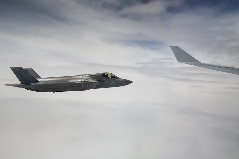A U.S. Marine Corps F-35B Lightning II aircraft with Marine Fighter Attack Squadron (VMFA) 214, Marine Aircraft Group 13, 3rd Marine Aircraft Wing, flies alongside a KC-30A Multi-Role Tanker Transport aircraft with No. 33 Squadron, Royal Australian Air Force, during a transpacific flight from Camp Blaz, Guam, to Royal Australian Air Force Base Tindal, Australia, May 19, 2024.  VMFA-214 deployed more than 200 Marines and eight F-35B Lightning II aircraft from Marine Corps Air Station Yuma, Arizona, to RAAF Base Tindal, Australia, to conduct bilateral training with the RAAF No. 3 Squadron and No. 75 Squadron. As part of I Marine Expeditionary Force, 3rd MAW persistently trains in the Indo-Pacific, maintaining a forward presence and enduring commitment to our allies and partners in the region. (U.S. Marine Corps photo by Cpl. Nicholas Johnson)