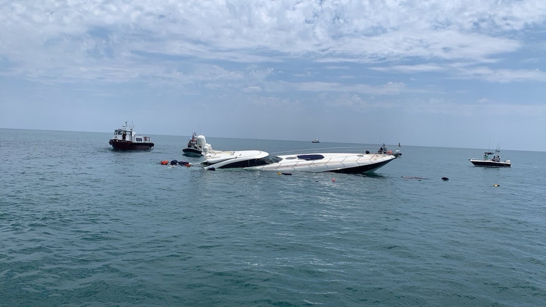 The Atlantis, an 80-foot motor yacht, takes on water after reportedly striking an object in the water 3 miles off St. Augustine Beach, May 25, 2024.