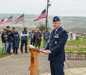 A Space Delta 5 commander and Combined Space Operations Center director, delivers a speech during a Memorial Day event at Guadalupe Cemetery in Guadalupe, Calif.