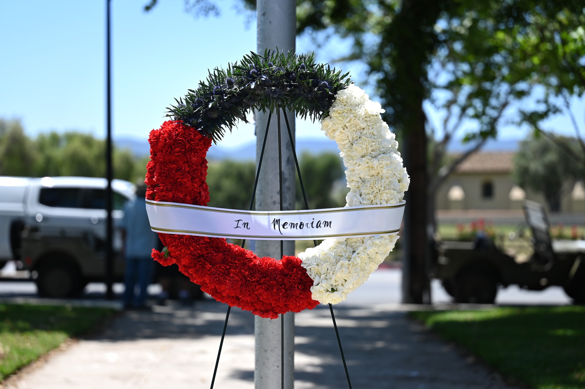 A wreath hangs outside.