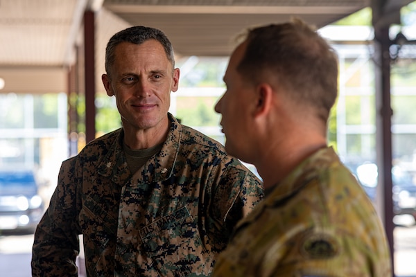 U.S. Marine Corps Lt. Col. Clinton K. Hall, left, the battalion commander of 2nd Battalion, 5th Marine Regiment (Reinforced), Marine Rotational Force – Darwin 24.3, speaks with an Australian Army soldier during Valkyrie emergency fresh whole blood transfusion training at Robertson Barracks, Darwin, NT, Australia, May 17, 2024. The Valkyrie program enables military units to self-supply blood through emergency donor panels by adequate training, rehearsal, and preparation, gaining the skills and knowledge to efficiently collect whole blood, and conduct blood transfusions in the event of a casualty. Hall is a native of Nevada. (U.S. Marine Corps photo by Cpl. Juan Torres)