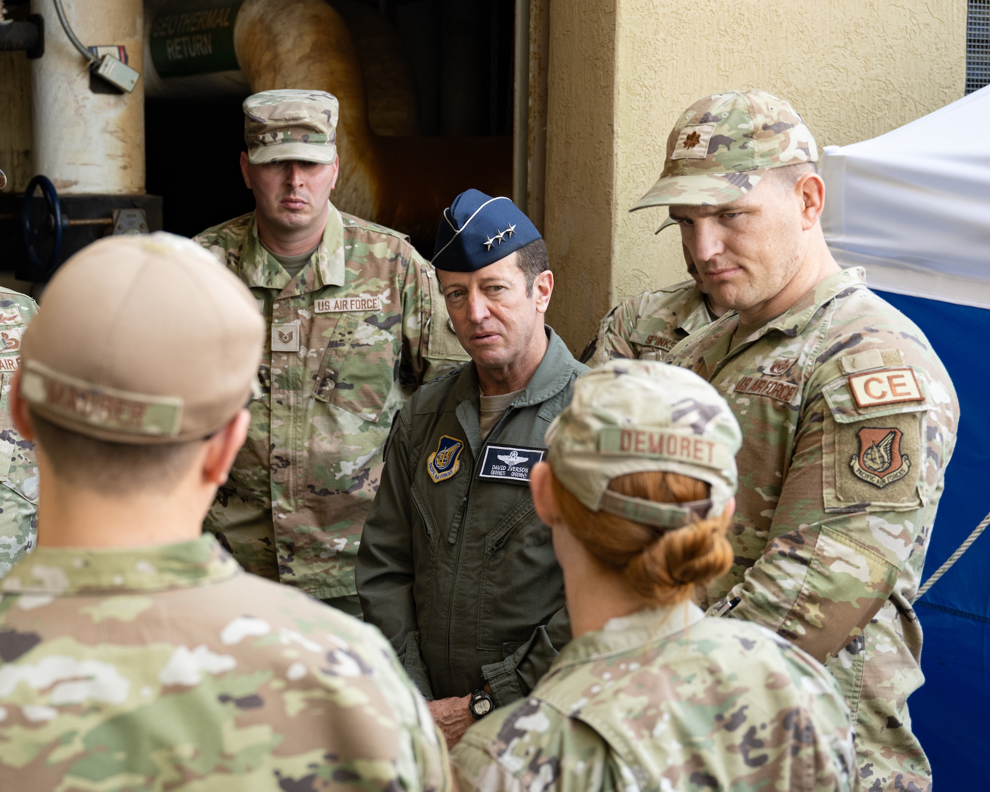Lt. Gen. David Iverson, 7th Air Force commander, engages with Airmen from the 8th Civil Engineer Squadron during a 7th AF command team visit to Kunsan Air Base, Republic of Korea.