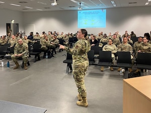 Senior Airman Leettha Cotto, evaluations and recognitions technician at the 786th Force Support Squadron at Ramstein Air Base, Germany, leads a briefing on the MyEval application at the Commander Support Staff Summit at Ramstein, May 10, 2024. The summit, which shared best practices from the career field, was attended by more than 100 CSS Airmen from across Europe (U.S. Air National Guard photo by Senior Master Sgt. Dan Heaton)