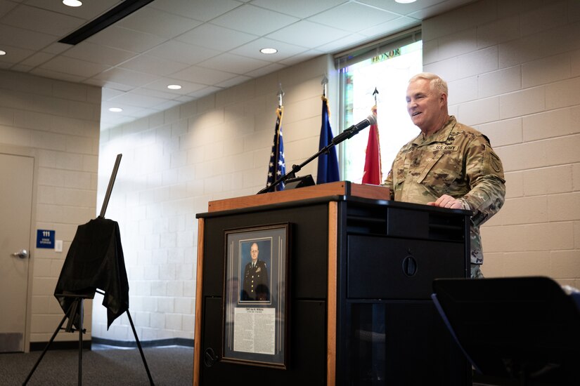 U.S. Army Maj. Gen. Haldane Lamberton, the adjutant general of the Kentucky National Guard, spoke as the keynote speaker for the Chief Warrant Officer 5 Joe Wilkins building renaming ceremony at Wendell H. Ford Regional Training Center in Greenville, Kentucky on May 24, 2024. Wilkins was one of three full-time employees at WHFRTC who helped make it in to a major state training site. (U.S. Army photo by Andy Dickson)