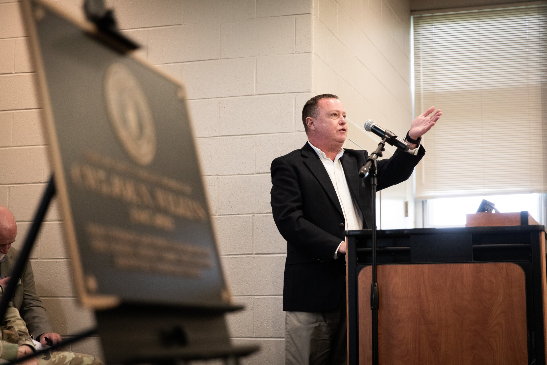 Retired U.S. Army Col. Brent Wilkins, son of Chief Warrant Officer 5 Joe Wilkins, spoke on behalf of the Wilkins family, at the Wilkins building renaming ceremony in his remembrance at the Wendell H. Ford Regional Training Center in Greenville, Kentucky on May 24, 2024. Wilkins was one of the three full-time employees who worked to make WHFRTC a major state training site. (U.S. Army National Guard photo by Andy Dickson)