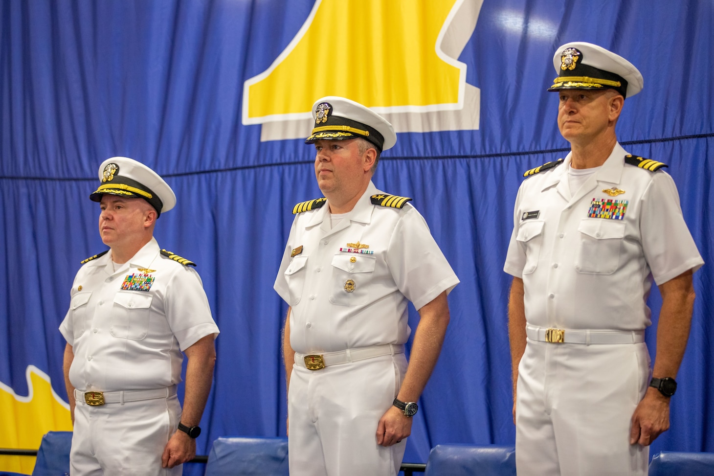 Iwo Jima is moored at Naval Station Norfolk in Norfolk, Virginia, at the end of her scheduled maintenance period. The change of command ceremony is a traditional Navy ceremony where the ship's crew witness the transfer of power from the commanding officer to the prospective commanding officer.