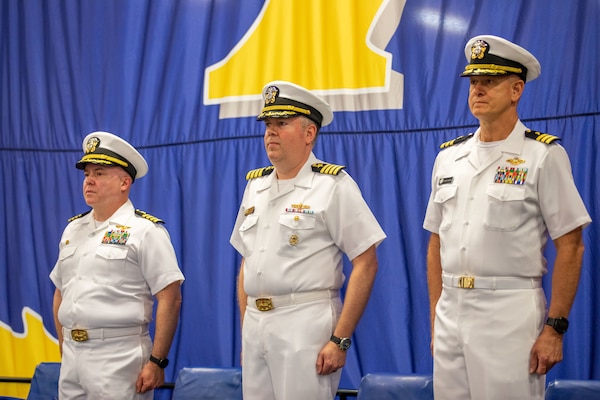 Iwo Jima is moored at Naval Station Norfolk in Norfolk, Virginia, at the end of her scheduled maintenance period. The change of command ceremony is a traditional Navy ceremony where the ship's crew witness the transfer of power from the commanding officer to the prospective commanding officer.