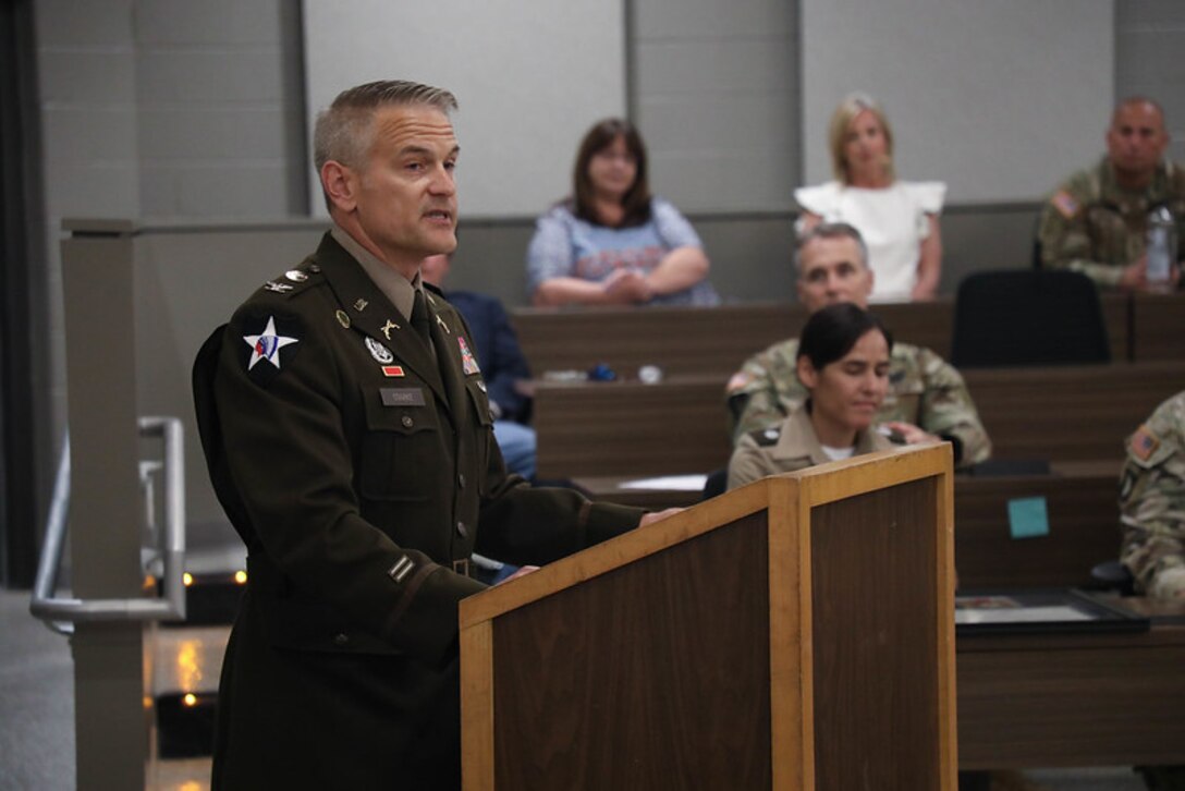 Army Col. Timothy Starke addressed the audience at his retirement ceremony at the Wellman Armory auditorium on Boone National Guard Center in Frankfort, Ky., May 8, 2024.