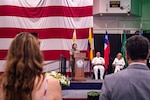 Gen. Laura J. Richardson, commander, U.S. Southern Command, gives a speech aboard Nimitz-class aircraft carrier USS George Washington (CVN 73) during a formal reception in Rio de Janeiro, May 22, 2024.