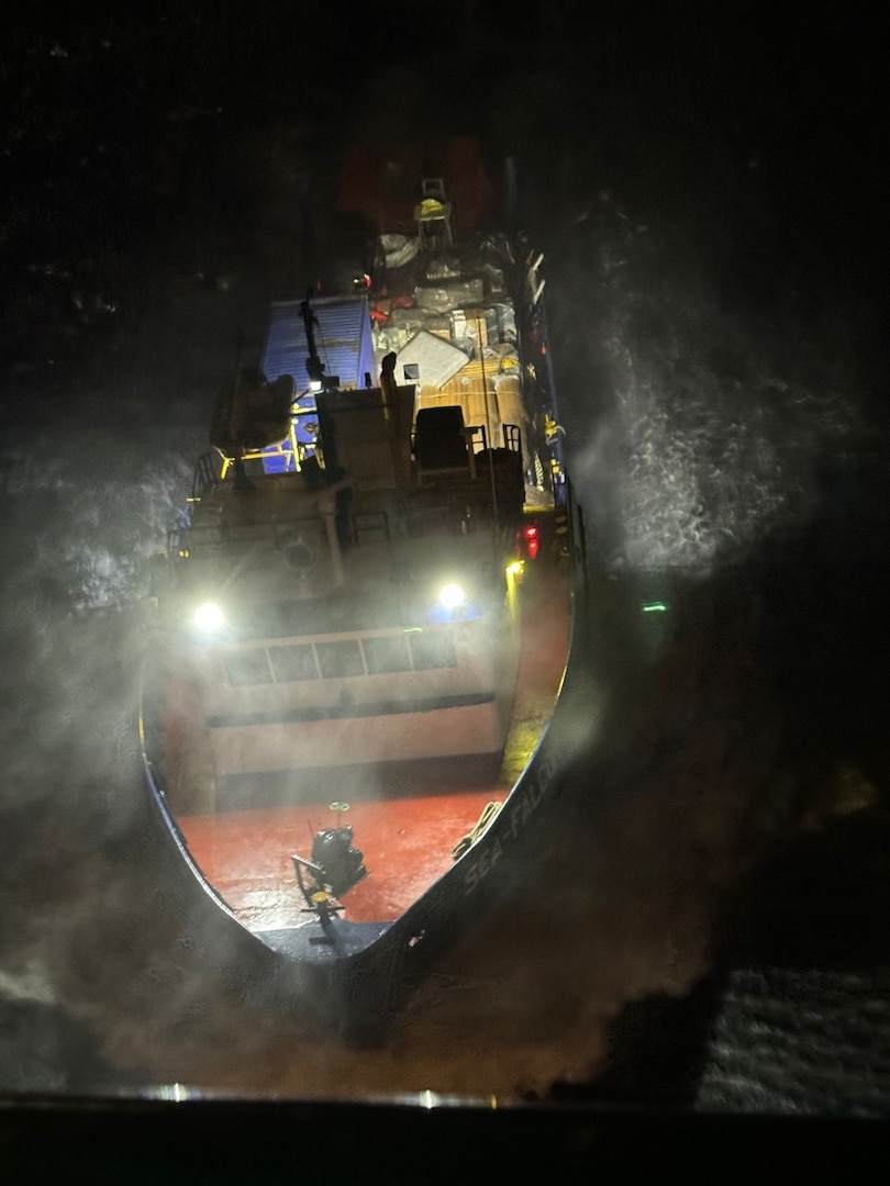 A Coast Guard MH-60T Jayhawk aircrew delivered and installed dewatering pump aboard the 121-foot Vanuatu-flagged offshore supply ship Sea Falcon in the early morning of May 25, 2024, as the vessel was taking on water in the Caribbean Sea off Puerto Rico.  Later in the morning, the Sea Falcon arrived safely to its destination in Tortola, British Virgin Islands. (U.S. Coast Guard photo)