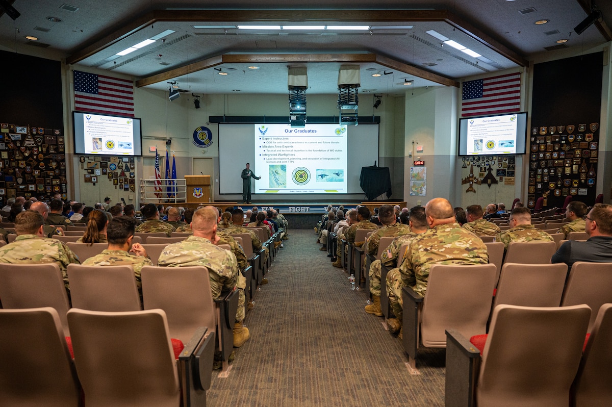 U.S. Air Force Col. Charles Fallon, U.S. Air Force Weapons School (USAFWS) commandant, conducts a mission brief at Nellis Air Force Base, Nevada, May 17, 2024.